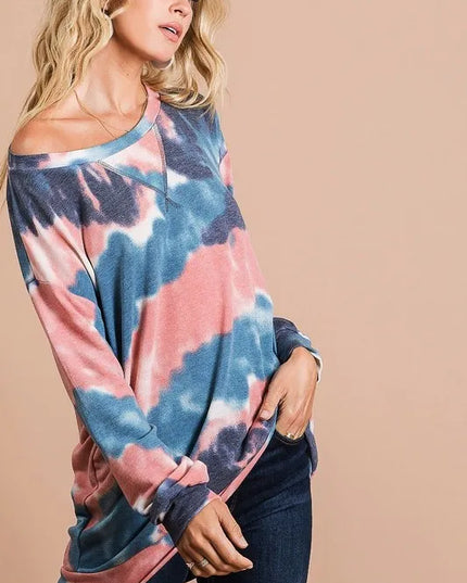 BiBi Tie Dye French Terry Pull Over with Front Stitching Detail - Sleekdenim.com