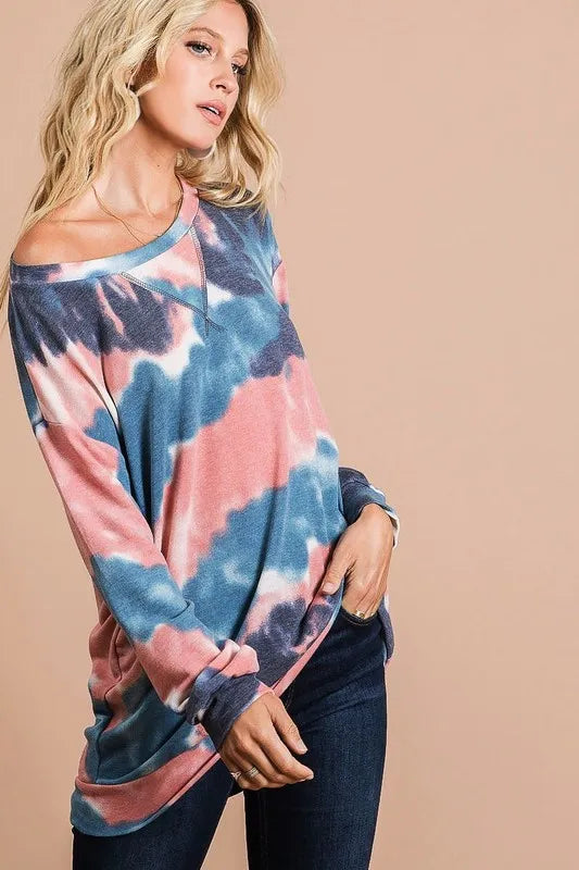 BiBi Tie Dye French Terry Pull Over with Front Stitching Detail - Sleekdenim.com