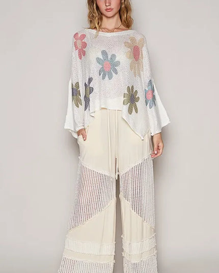 POL Flower Dropped Shoulder Long Sleeve Knit Top - Sleekdenim.com