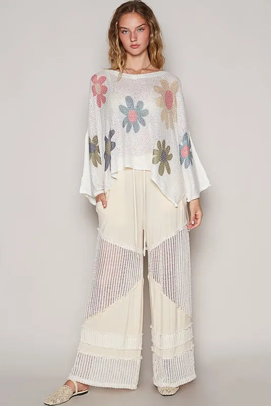 POL Flower Dropped Shoulder Long Sleeve Knit Top - Sleekdenim.com