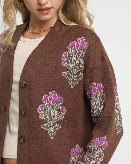 Umgee Single Flower Stem Jacquard Cardigan Sweater - Sleekdenim.com