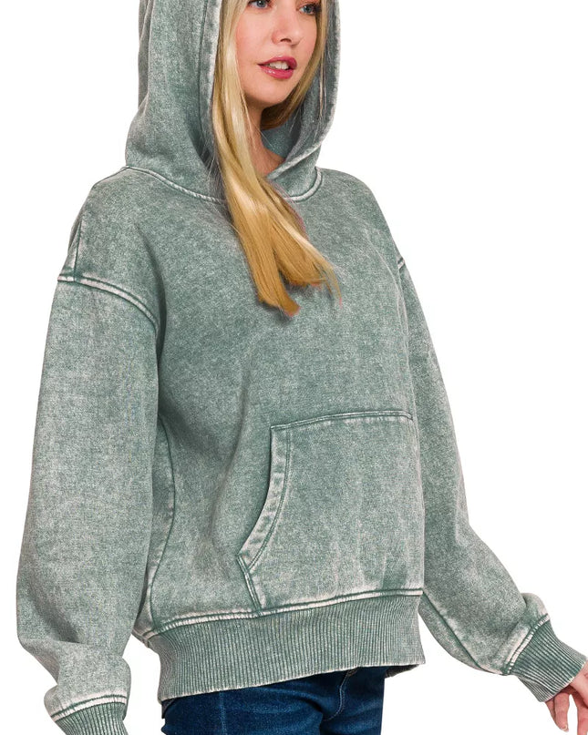 Zenana Fleece Acid Wash Kangaroo Pocket Hoodie - Sleekdenim.com