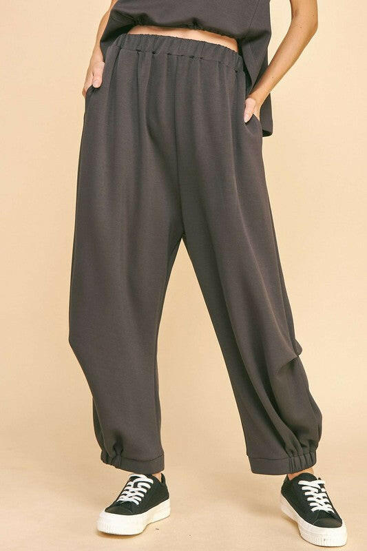 Davi & Dani Drawstring Hem Round Neck Tank and Pants Set Charcoal