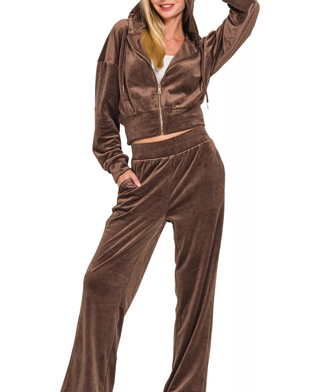 Zenana Velvet Zip Up Hoodie and Pants Set - Sleekdenim.com