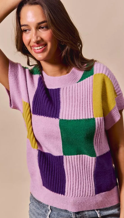 SO ME Mardi Gras Check Plaid Casual Sweater Top - 4
