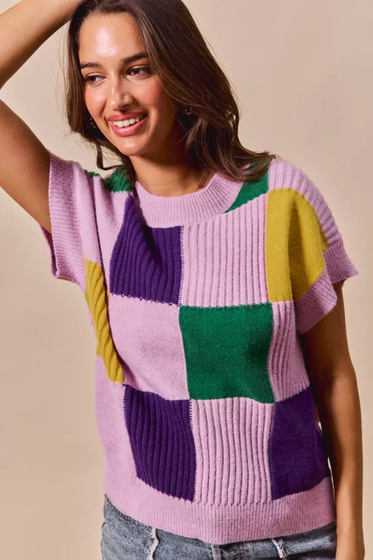 SO ME Mardi Gras Check Plaid Casual Sweater Top - 4