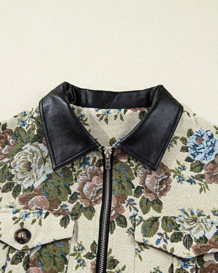 Floral Zip-Up Contrast Collared Jacket - Sleekdenim.com