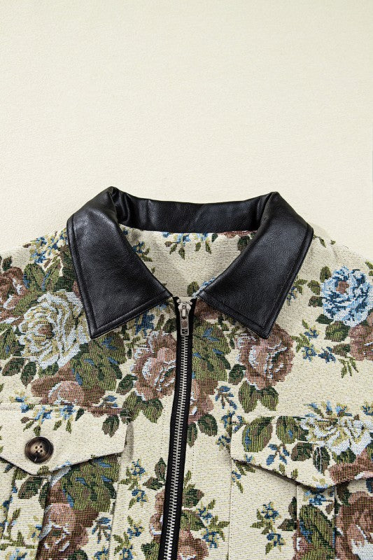 Floral Zip-Up Contrast Collared Jacket - Sleekdenim.com