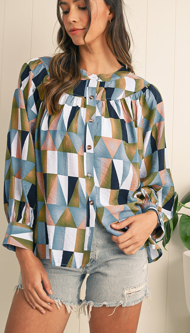Green Geometric Print Button Down Balloon Sleeve Blouse - Sleekdenim.com