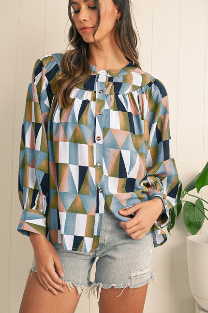 Green Geometric Print Button Down Balloon Sleeve Blouse - Sleekdenim.com
