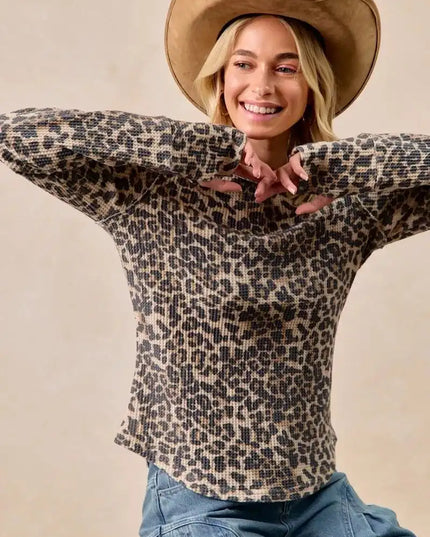 BiBi Leopard Print Washed Waffle Thermal Top with Thumb - Sleekdenim.com
