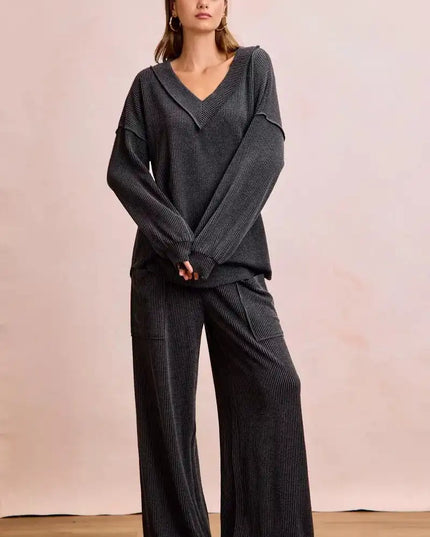 BiBi Two Tone Cord Rib Contrast Stitching V-Neck Top and Pants Set - Sleekdenim.com