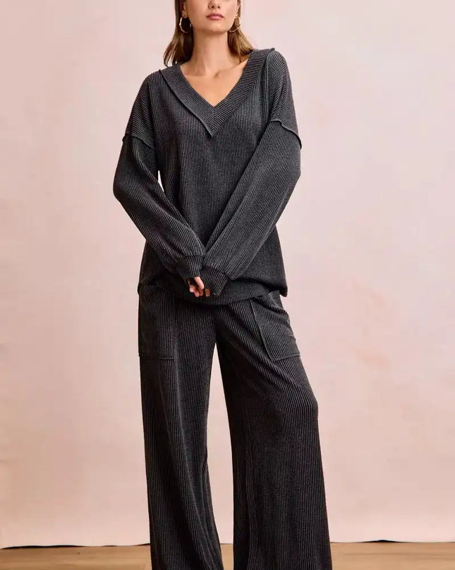 BiBi Two Tone Cord Rib Contrast Stitching V-Neck Top and Pants Set - Sleekdenim.com