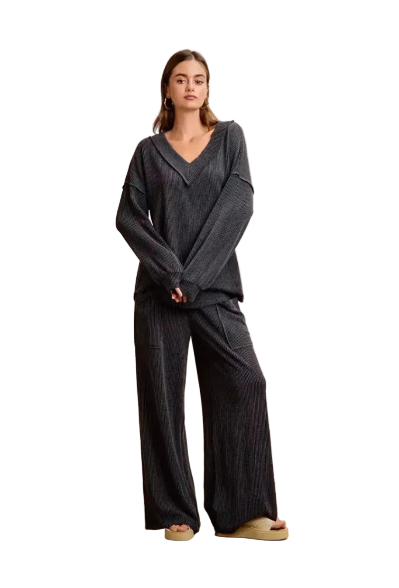 BiBi Two Tone Cord Rib Contrast Stitching V-Neck Top and Pants Set - So Soft & Silky - Sleekdenim.com