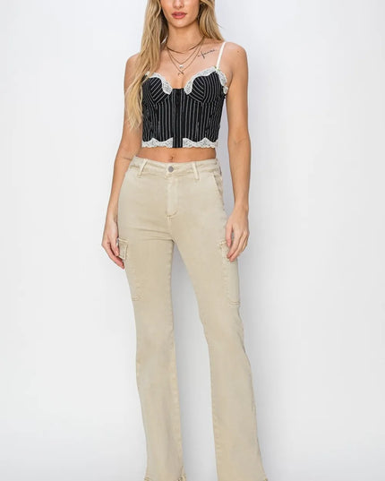 RISEN Full Size High Rise Side Slit Cargo Bootcut Jeans - Sleekdenim.com