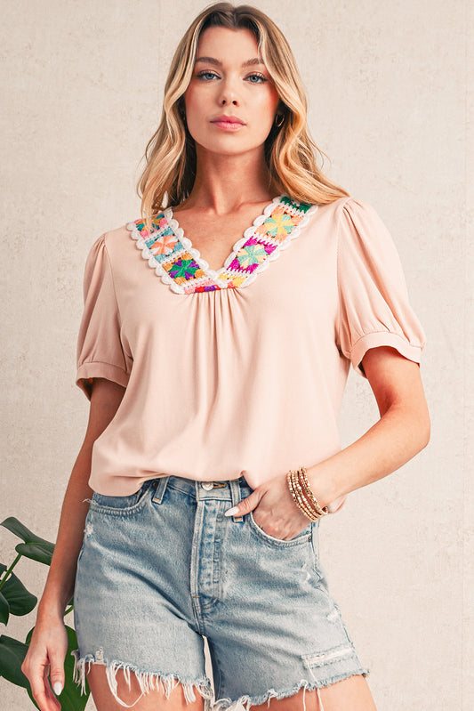 Pale Chestnut Floral Crochet V Neck Crinkled Blouse - 3