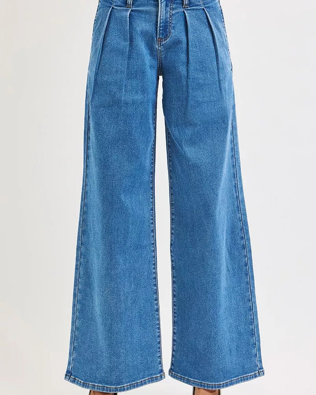RISEN Full Size Mid Rise Fit Wide Leg with Pleated Detail Jeans Plus Size - Sleekdenim.com