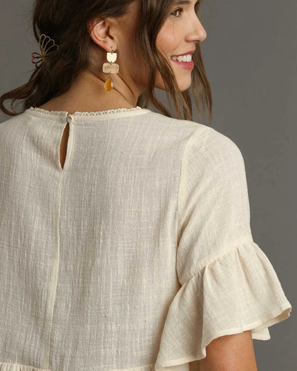 Umgee Floral Lace Trimmed Detail Half Sleeve Babydoll Top - Sleekdenim.com