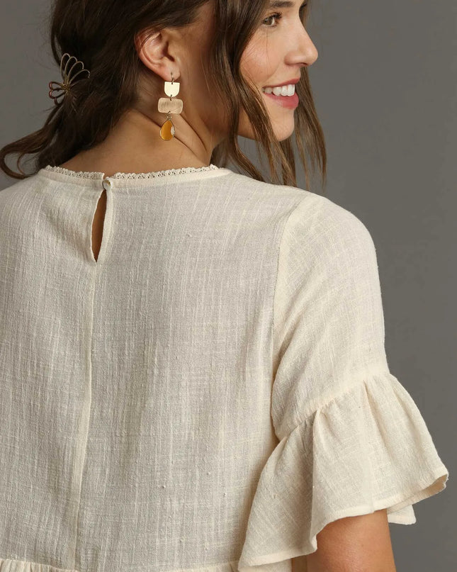 Umgee Floral Lace Trimmed Detail Half Sleeve Babydoll Top - Sleekdenim.com