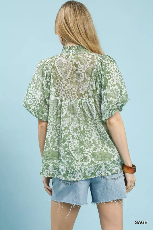 Umgee Abstract Print Ruffled Puff Sleeve Top - Sleekdenim.com