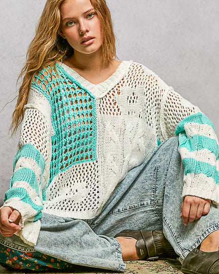 POL Color-Blocked Stripe Pattern Knit Top with Twisted Weave - Sleekdenim.com