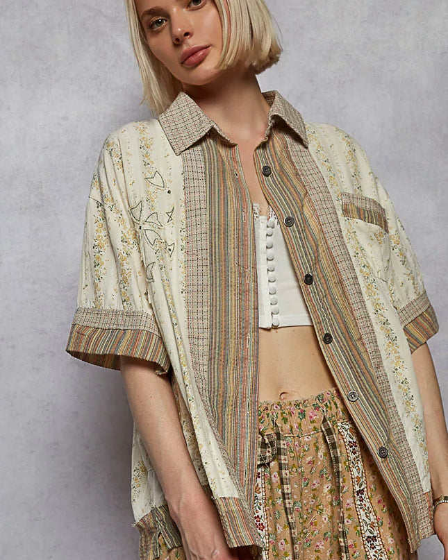 POL Printed Button Down Patchwork Short Sleeve Shirt - Sleekdenim.com