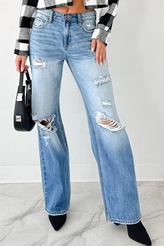 Myosotis Mid Rise Distressed Straight Leg Jeans - Sleekdenim.com
