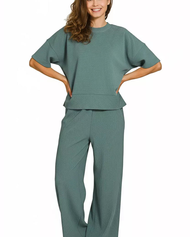 Zenana Ribbed Round Neck Tee & Pants Set - Sleekdenim.com