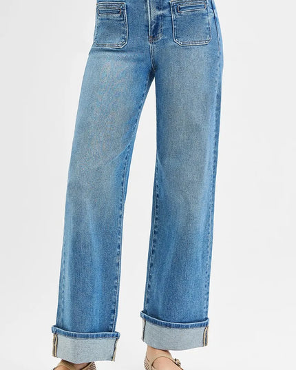 RISEN Full Size Elastic Band Mid Rise Wide Front Patch Pocket Cuff Jeans Plus Size - Sleekdenim.com