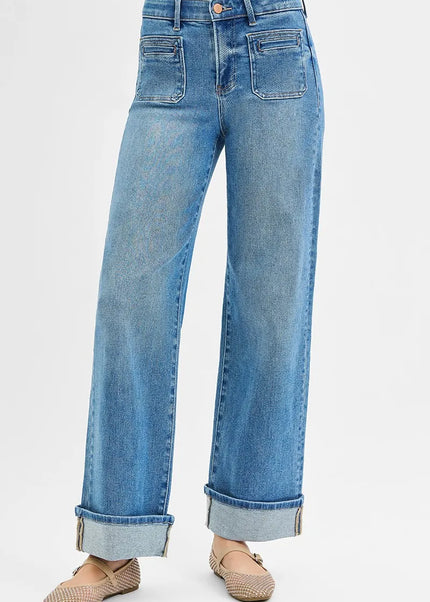 RISEN Full Size Elastic Band Mid Rise Wide Front Patch Pocket Cuff Jeans Plus Size - Sleekdenim.com