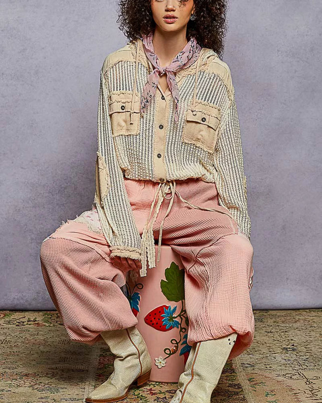 POL Texture Woven Button Down Hooded Shirt with Drawstring Hem - Sleekdenim.com