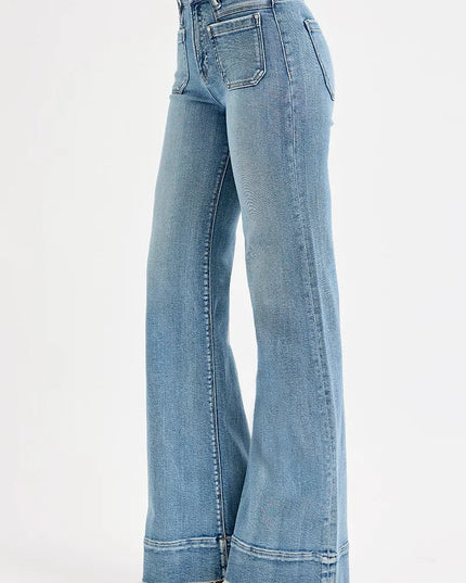 RISEN Full Size High Rise Wide Flare Patch Pocket Jeans Plus Size - Sleekdenim.com