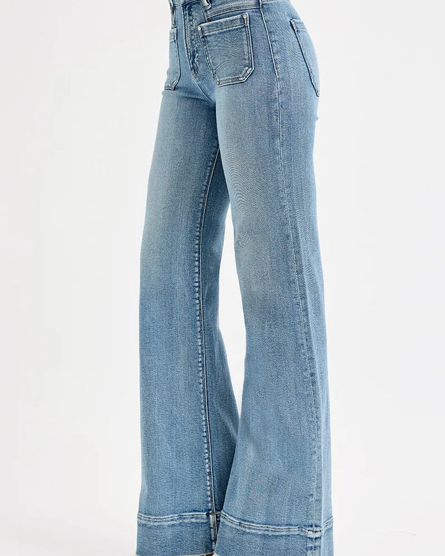 RISEN Full Size High Rise Wide Flare Patch Pocket Jeans Plus Size - Sleekdenim.com