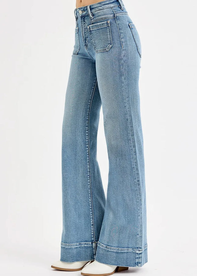 RISEN Full Size High Rise Wide Flare Patch Pocket Jeans Plus Size - Sleekdenim.com