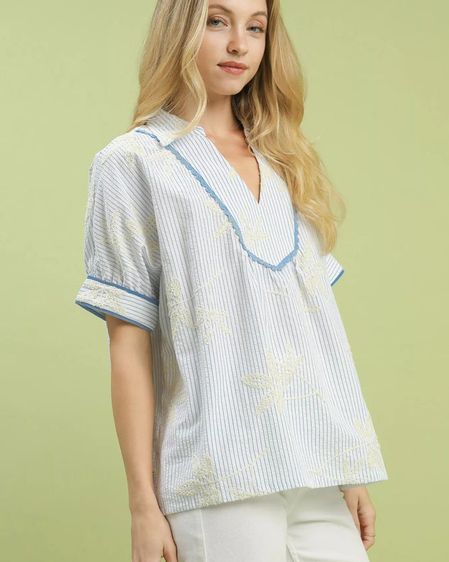 Umgee Striped Embroidered Blouse with Scallop Trim - Sleekdenim.com