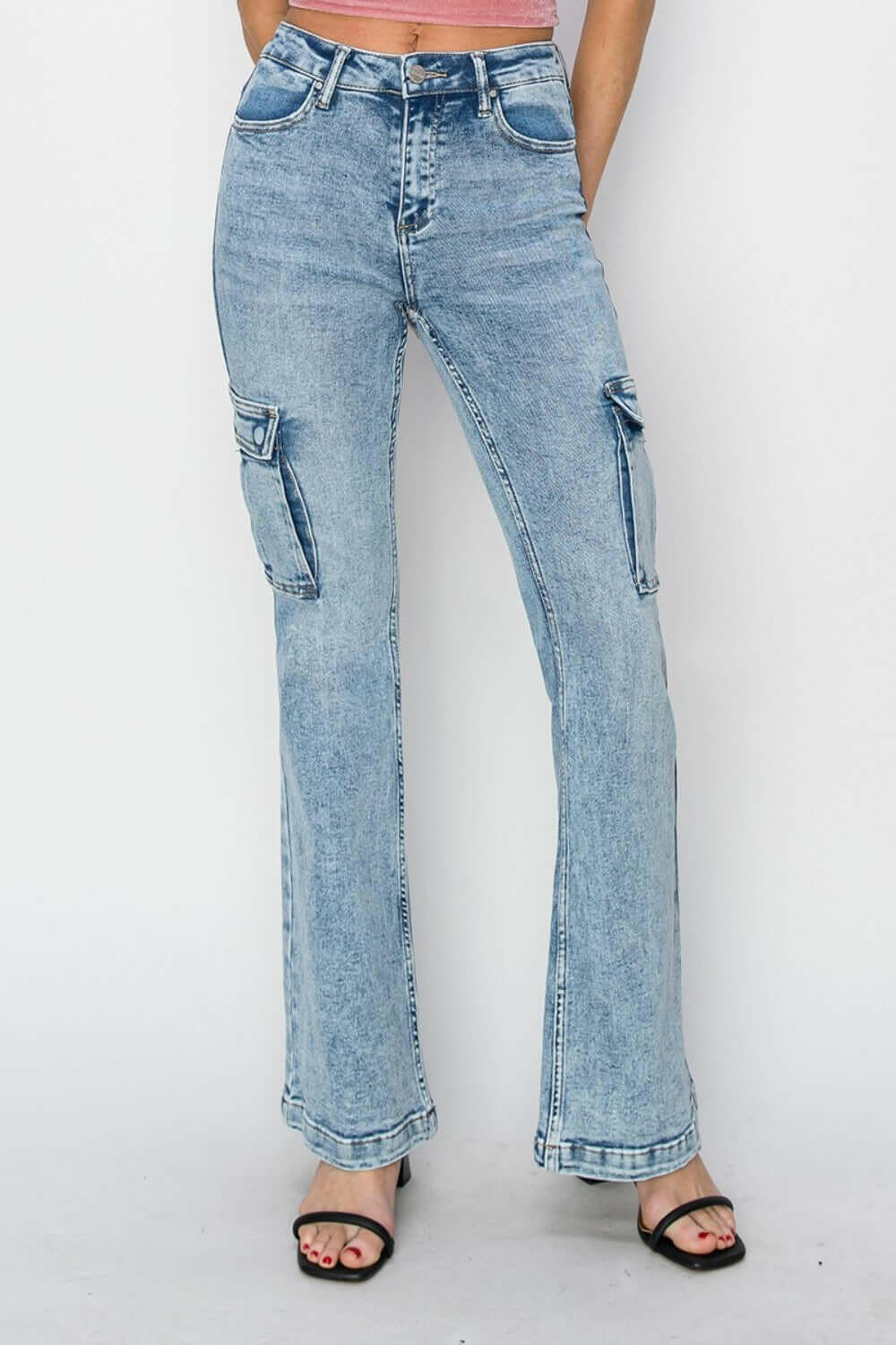 RISEN Full Size High Rise Cargo Flare Jeans.