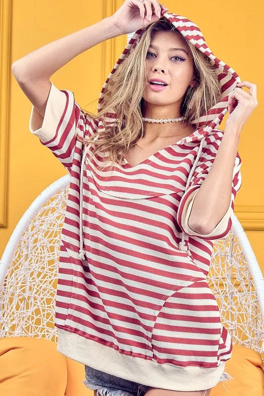 BiBi Stripe Fleece Notch Neck Short Sleeve Hoodie - Sleekdenim.com