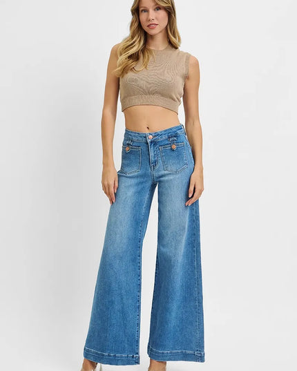 RISEN Full Size Mid Rise Wide Front Patch Pocket Jeans Plus Size - Sleekdenim.com