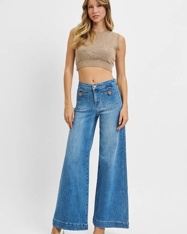 RISEN Full Size Mid Rise Wide Front Patch Pocket Jeans Plus Size - Sleekdenim.com