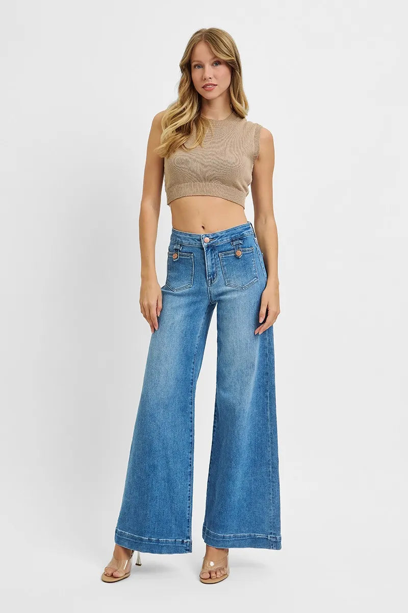 RISEN Full Size Mid Rise Wide Front Patch Pocket Jeans Plus Size - Sleekdenim.com