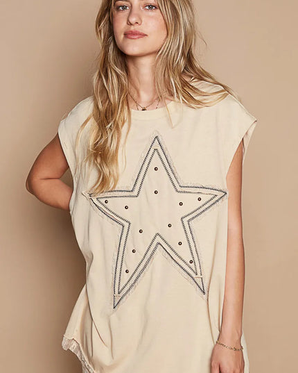 POL Star Patch Studded Sleeveless T-Shirt with Lace Hem - Sleekdenim.com