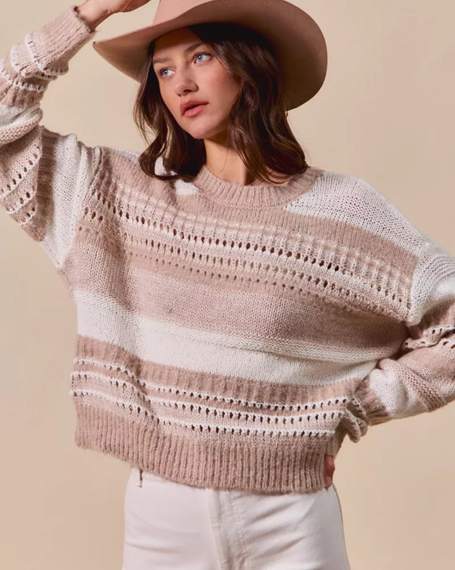 SO ME Variegated Stripe Textured Loose Fit Sweater - Sleekdenim.com