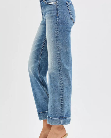 RISEN Full Size Mid Rise Crop Straight Jeans with Taylor Cuffed Plus Size - Sleekdenim.com