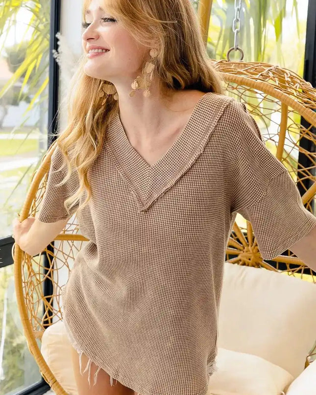 BiBi Mineral Washed V-Neck Cut Edge Detail Top - Sleekdenim.com