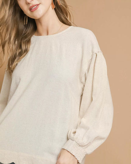 Umgee Linen Scallop Hem Long Sleeve Blouse - Sleekdenim.com