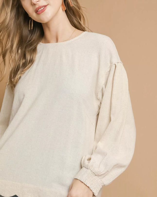 Umgee Linen Scallop Hem Long Sleeve Blouse - Sleekdenim.com