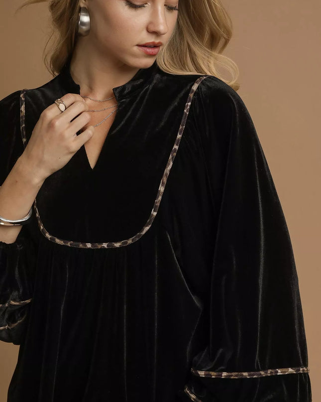 Umgee Velvet Long Sleeve Blouse with Contrast Trim - Sleekdenim.com