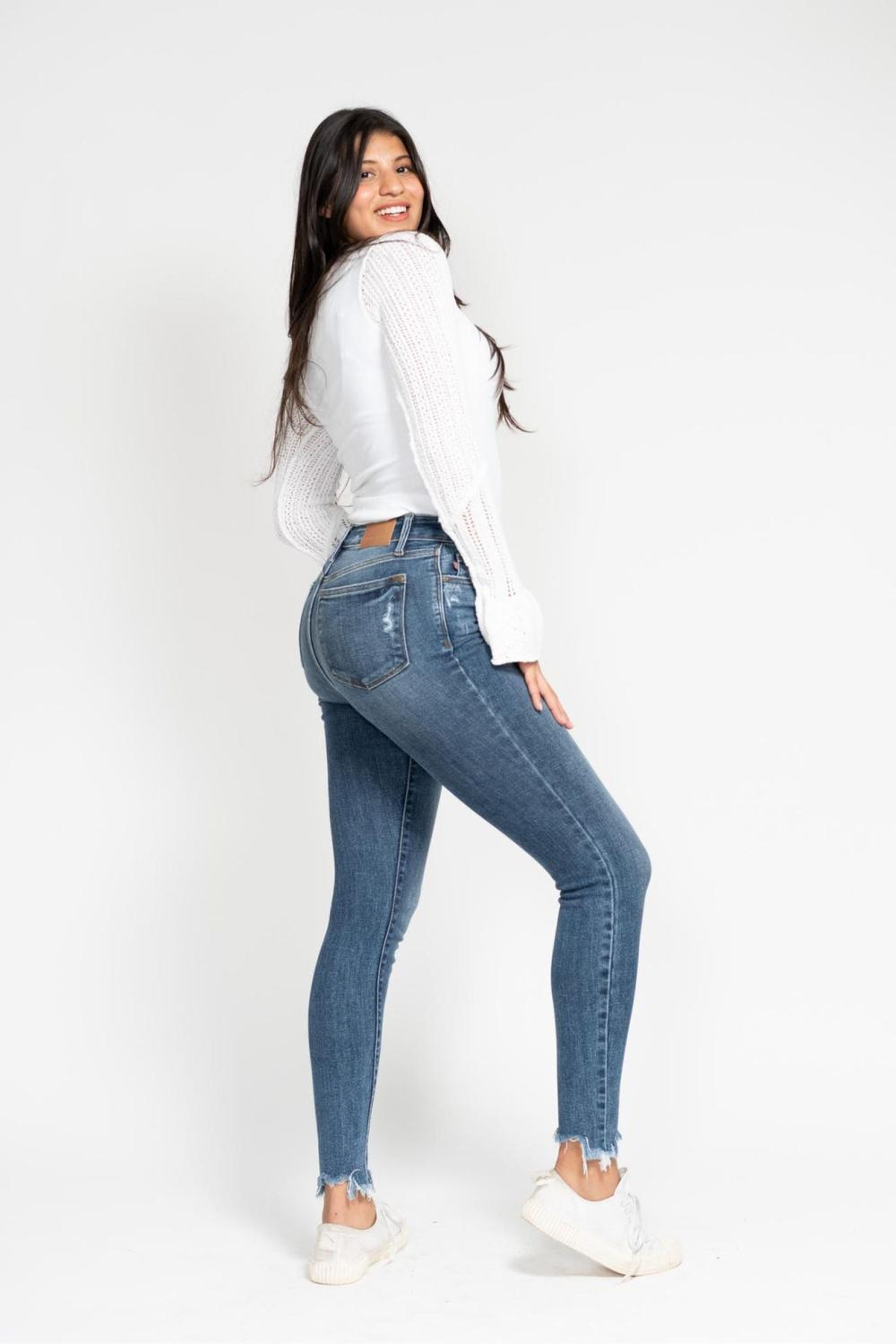 Judy Blue High Waist Skinny Jeans with Destroy & Shark Bit Hem - Sleekdenim.com