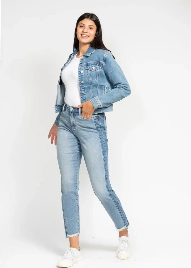 Judy Blue Vintage Wash Side Panel Detail with Fray Hem Slim 88536 - Sleekdenim.com