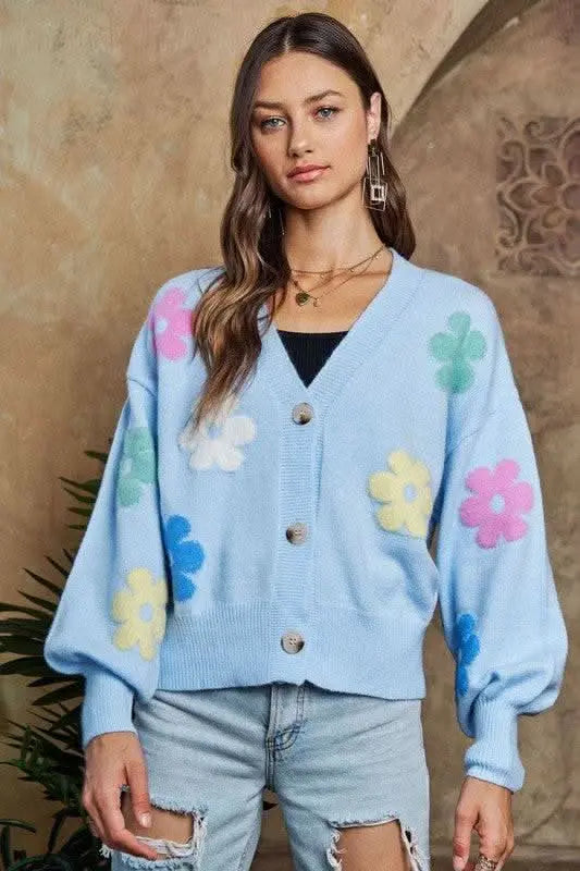 ADORA Flower Button Down Lantern Sleeve Cardigan - Sleekdenim.com